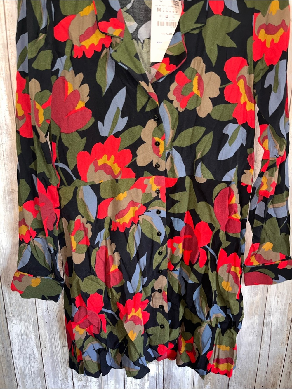 Zara Trafaluc Floral Button Front Mini Shirt Dress Black Red M NWT - Picture 4 of 6